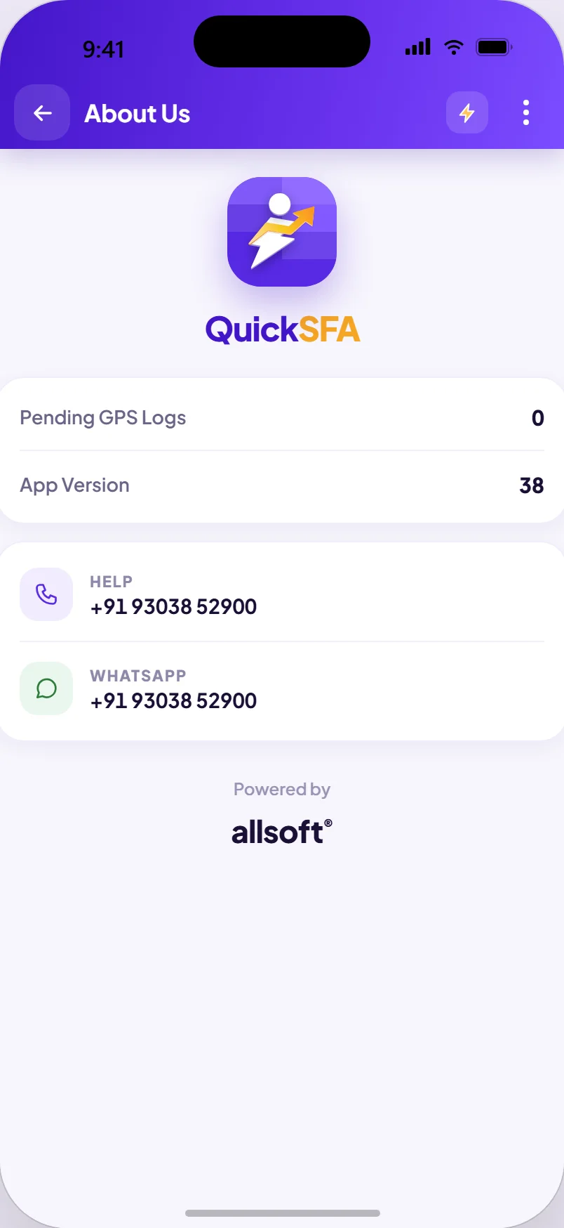 About QuickSFA screen in the app