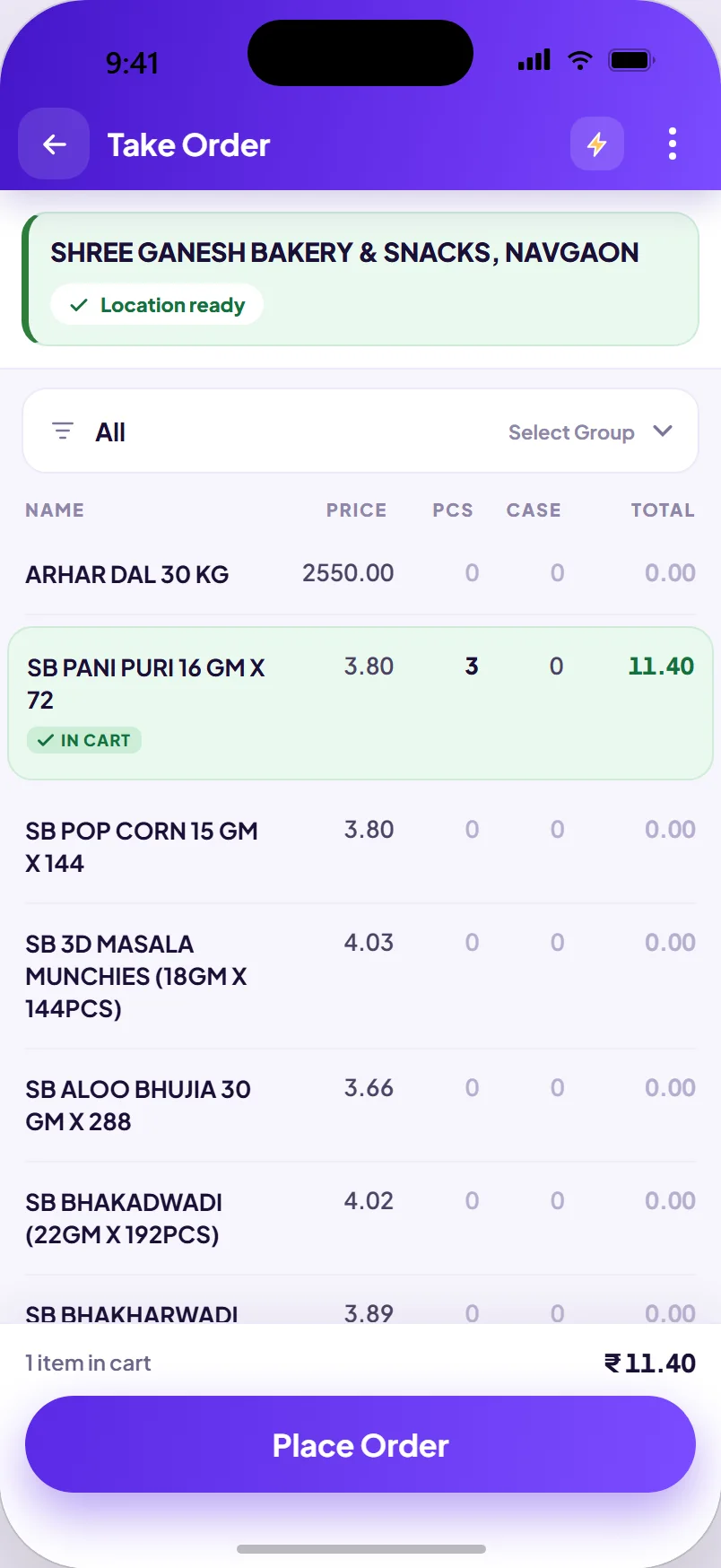 Take order screen